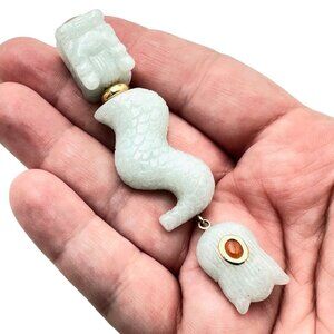 Estate Womens 14K Yellow Gold Red & Green Jade Articulated Asian Dragon Pendant